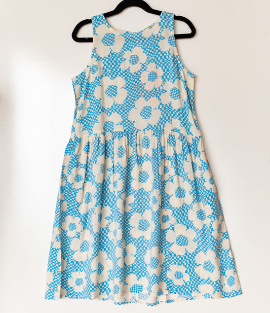 Blue and White Flower Checkered Dress