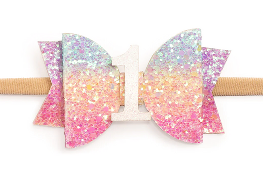 1ST BIRTHDAY PASTEL RAINBOW BOW SOFT HEADBAND