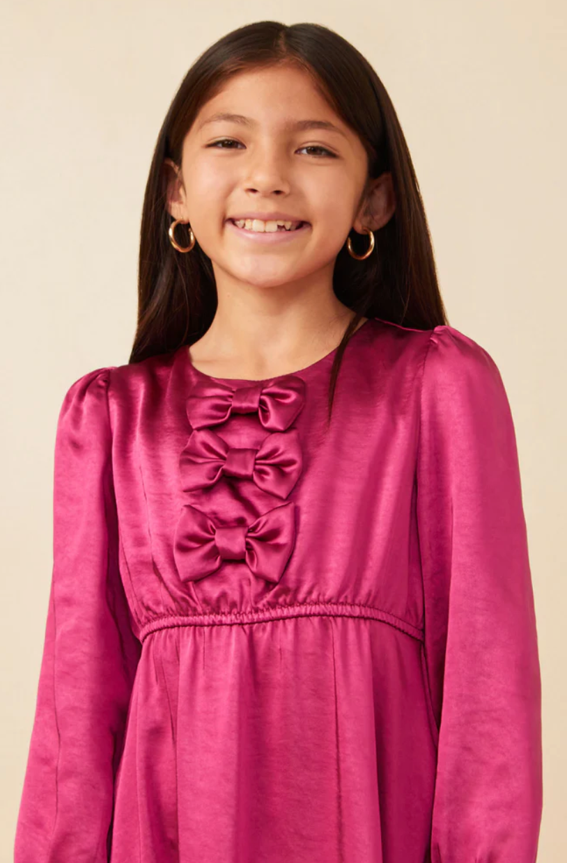 Girls Mini Bow Detail Long Sleeve Stain Dress