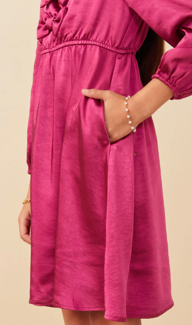 Girls Mini Bow Detail Long Sleeve Stain Dress