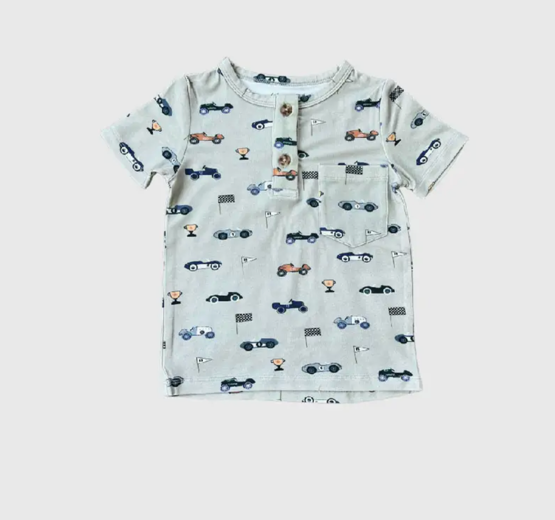 Retro Race Car Boys Shirt Sleeve Henley Shirt