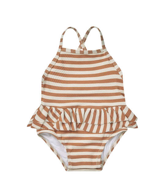 Ruffled One Piece Swimsuit - Clay Stripe
