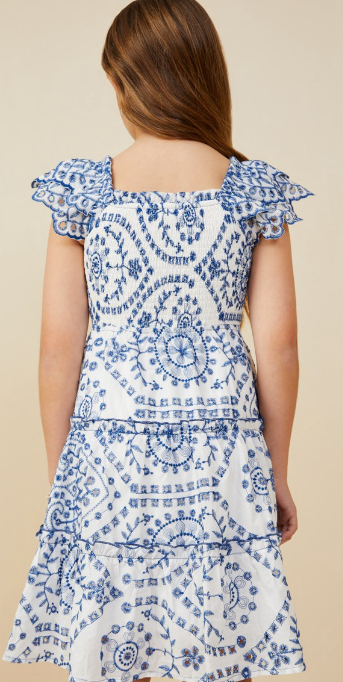 Girls Eyelet Embroidered Scalloped Ruffle Dress