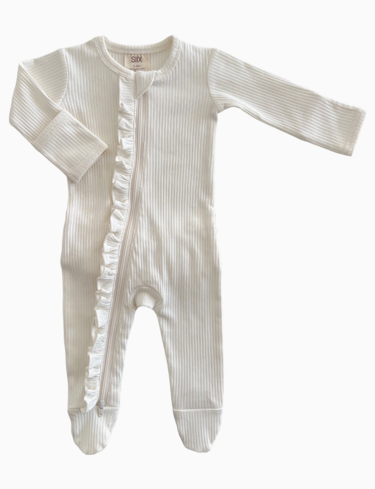 Ivory / Organic Ribbed Frill Zip Footie