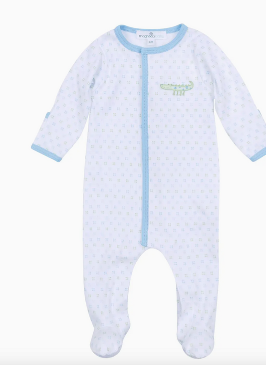Alligator Pie Embroidered Footie - Light Blue