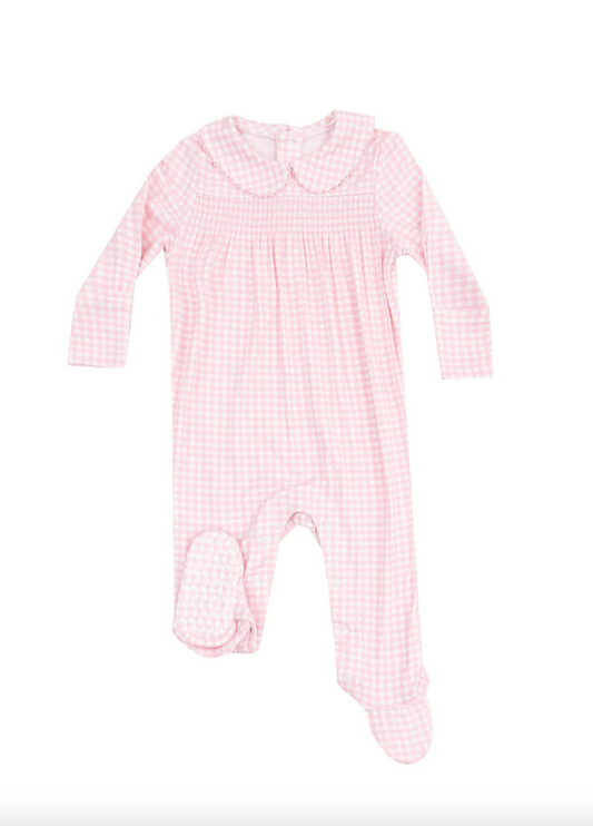 Smocked Peter Pan Footie - Mini Gingham Pink