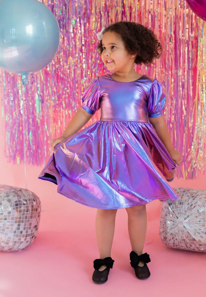 Puff Dress in Purple Lamé