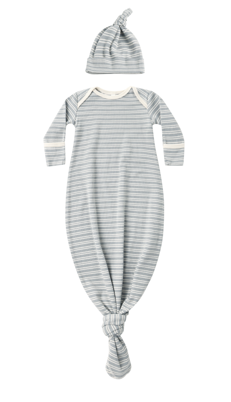 KNOTTED BABY GOWN + HAT SET || STEEL BLUE MICRO STRIPE