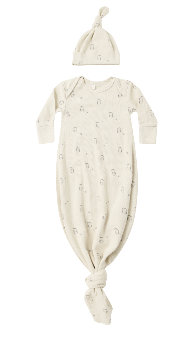 KNOTTED BABY GOWN + HAT SET || OWLS