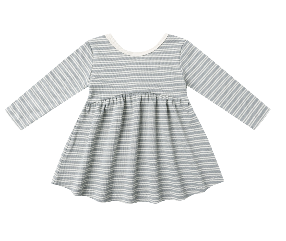 RIBBED LONG SLEEVE DRESS || STEEL BLUE MICRO STRIPE