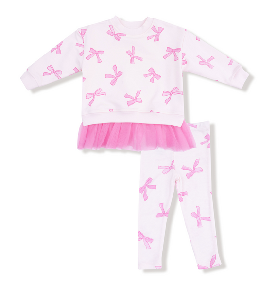 French Terry - Pretty Bows - Sweatshirt W/ Tulle Ruffle And Ribbed Legging