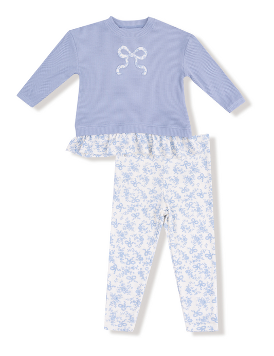 Romi Floral - Waffle Pull Over With Ruffle And Rib Bow Applique W Rib Leggings