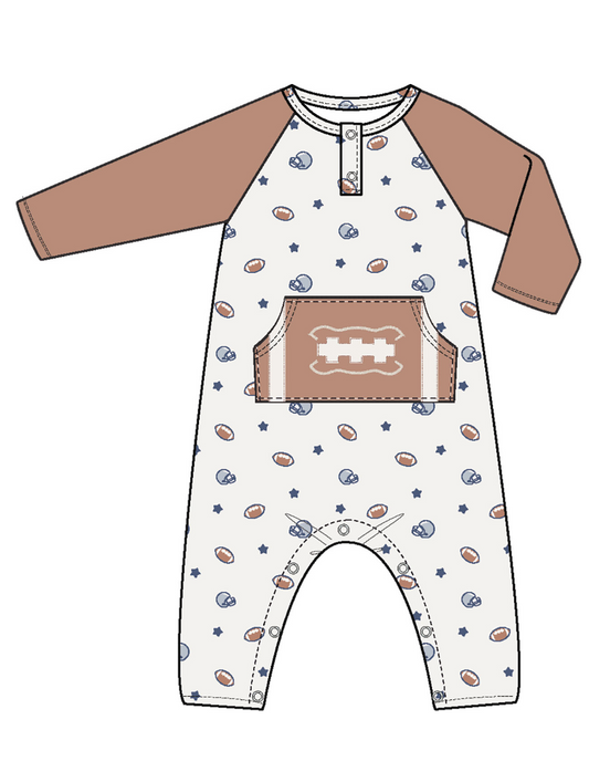Footballs And Stars - L/s Raglan Henley Romper