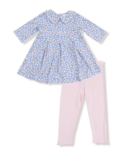 Box Pleat Dress W/ 3/4 Sleeve + Peterpan Collar & Rib Leggings