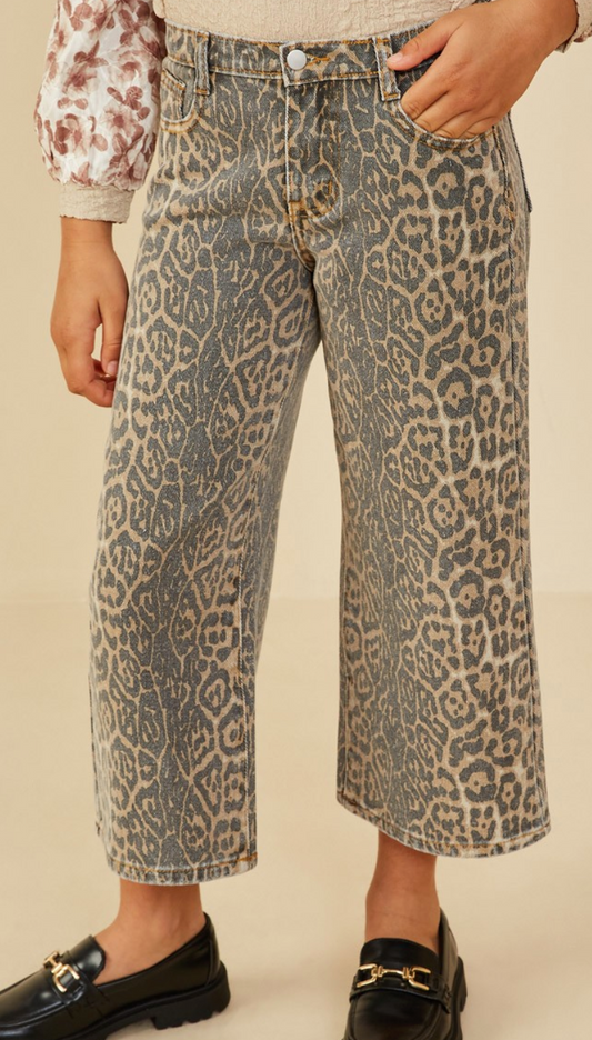 Girls Washed Leopard Wide Leg Denim