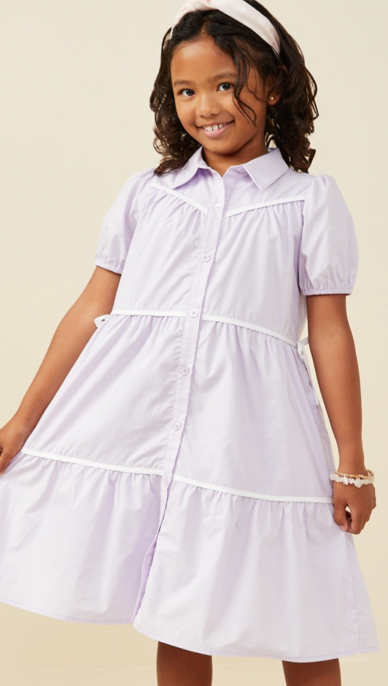Girls Contrast Piping Ribbon Buttoned Dress