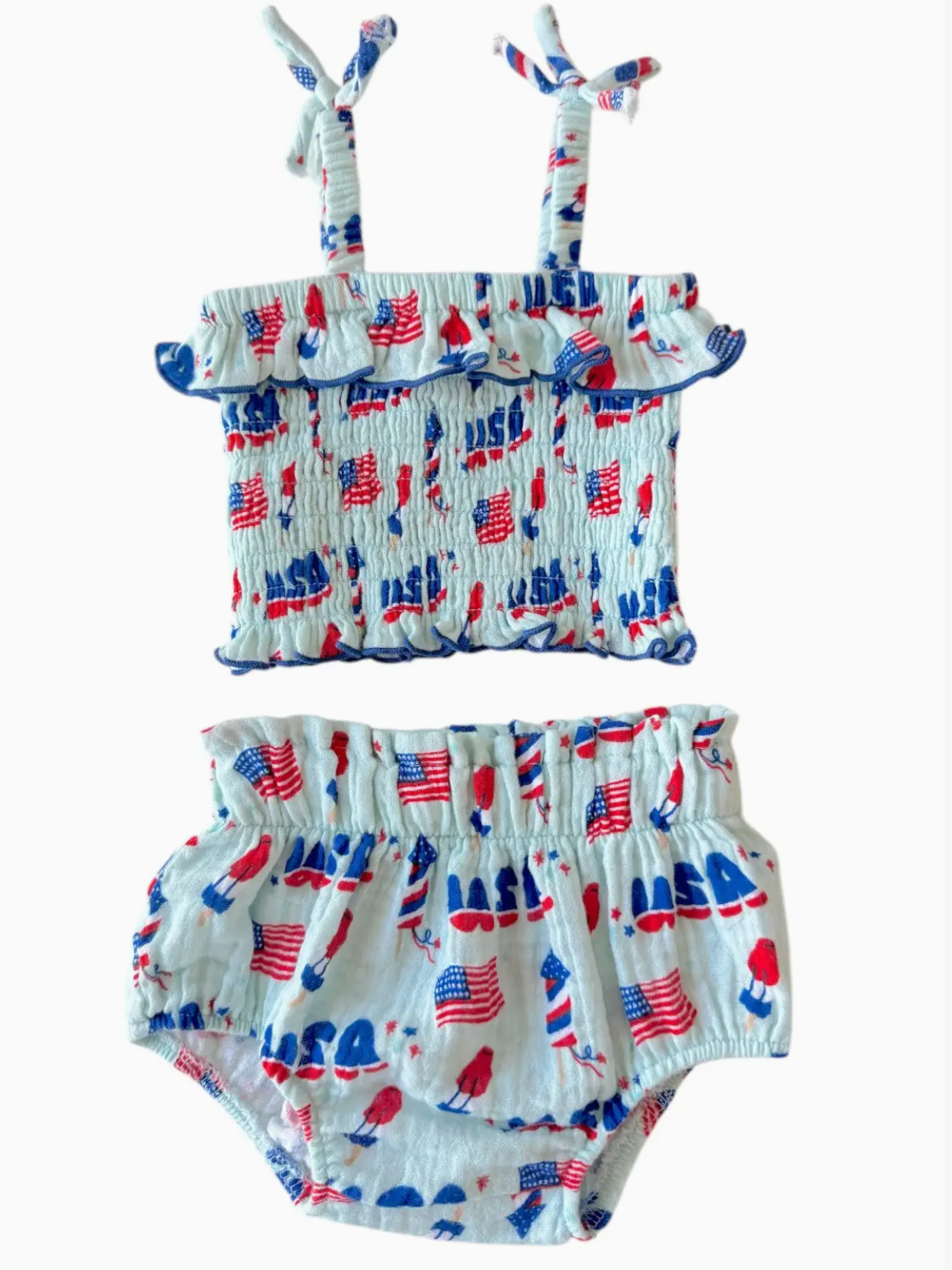 Muslin Smocked Ruffle Top & Bloomer, 4th of July Blue