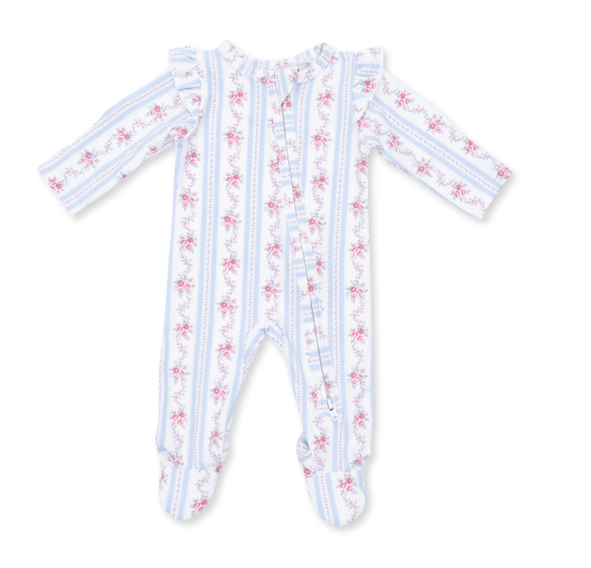 Anna Floral Stripe - 2 Way Ruffle Sleeve Zipper Footie
