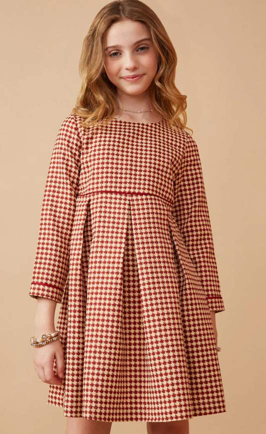 Girls Piping Detailed Houndstooth Box Pleat Dress