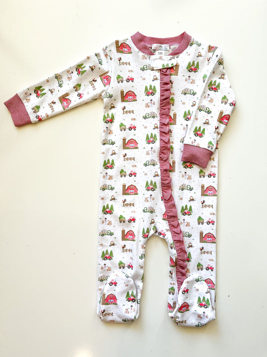 Christmas in the Farm Pima Zipper Footie with Ruffle