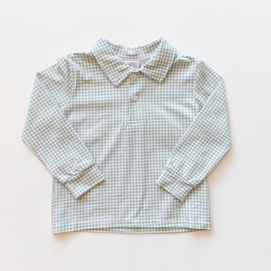 Green Gingham Long Sleeve Polo