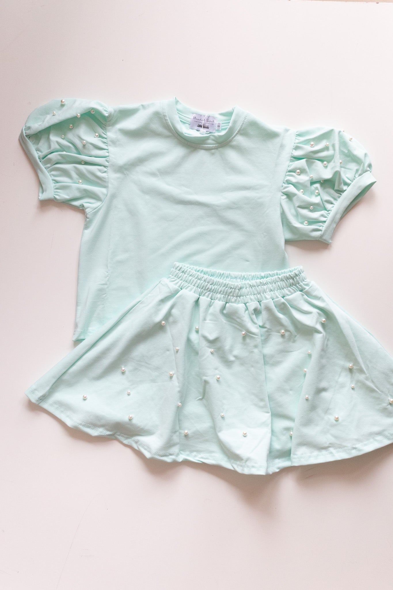 Mint Puff Sleeve Pearl Skort Set