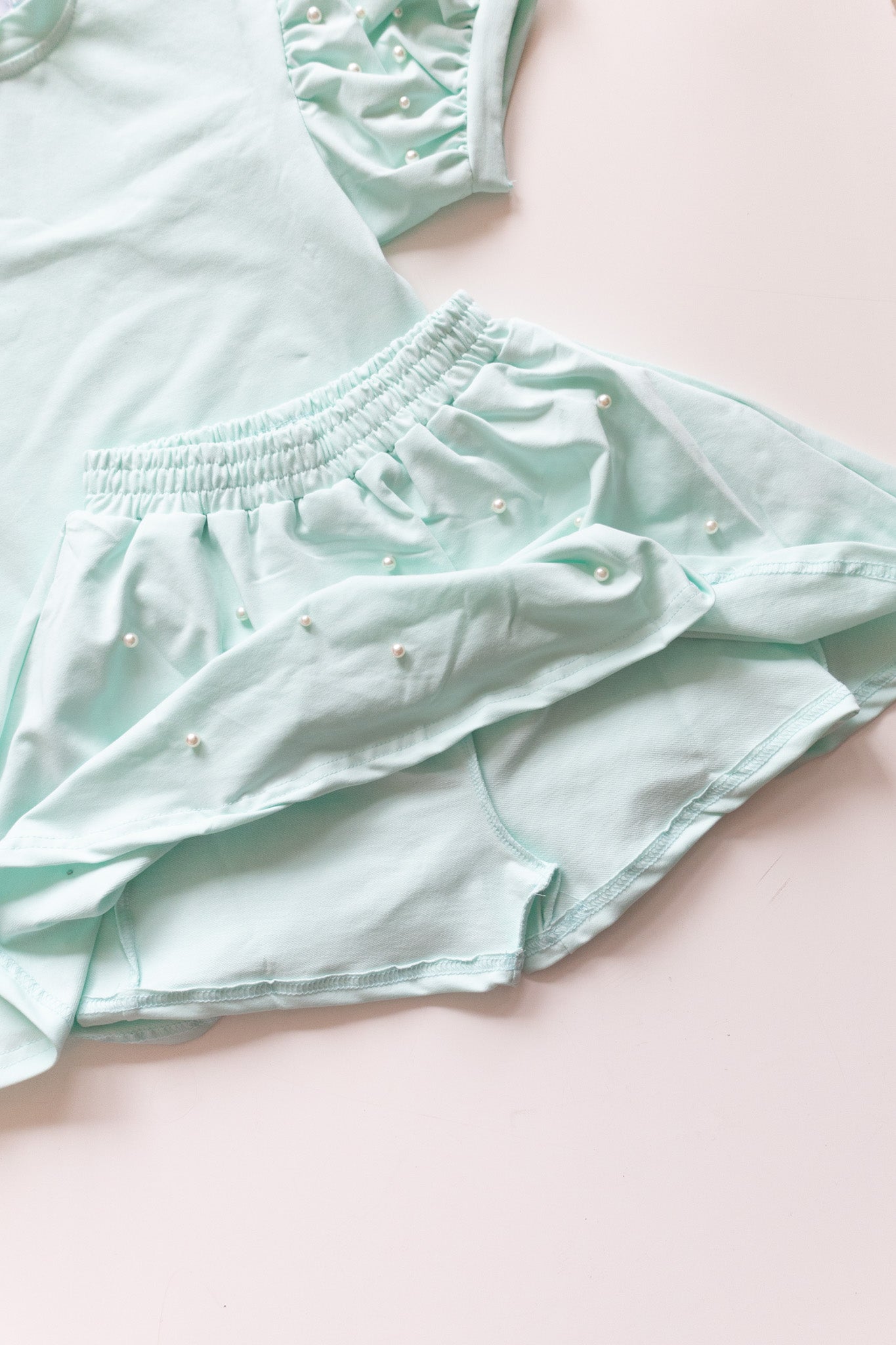 Mint Puff Sleeve Pearl Skort Set