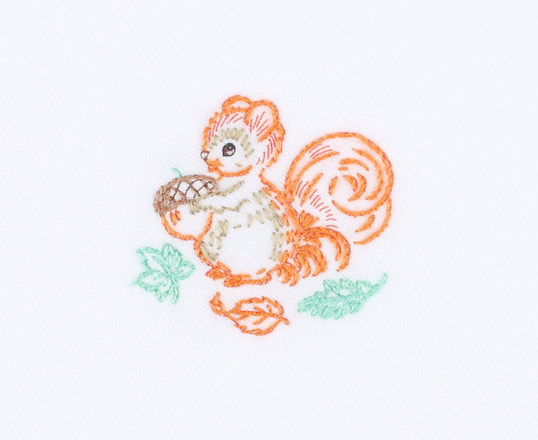 Vintage Squirrel Embroidered Zipper Footie
