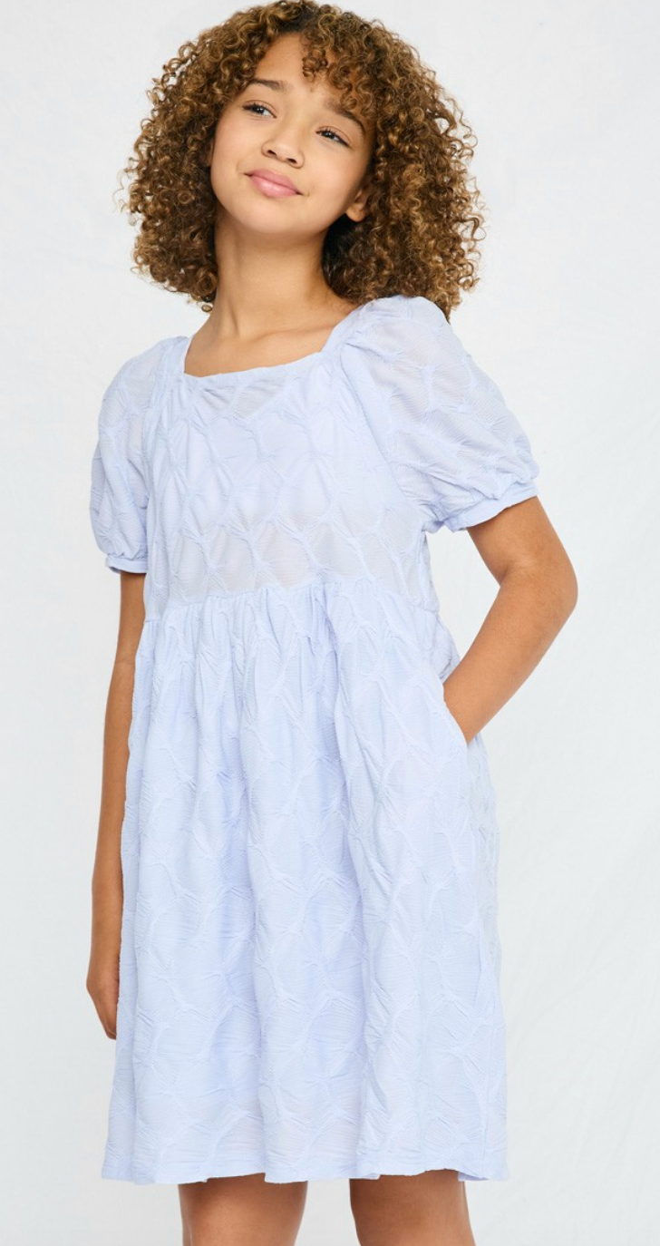 Girls Textured Bow Back Square Neck Dress