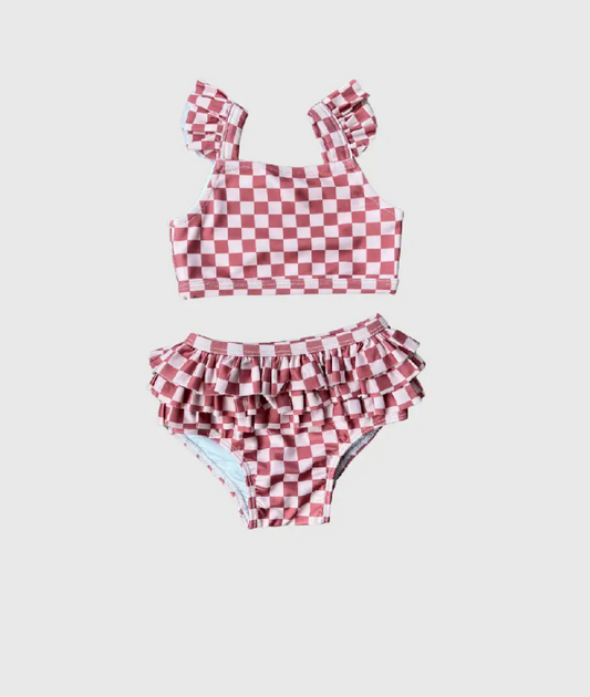 Strawberry Checkered Two Piece Ruffle Swim Suit