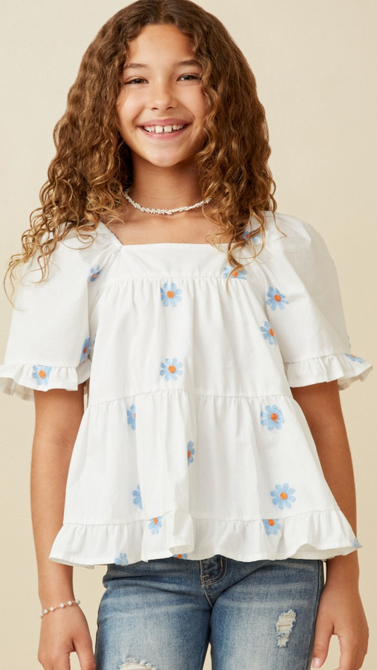 All Over Daisy Embroidered Square Neck Top-BLUE