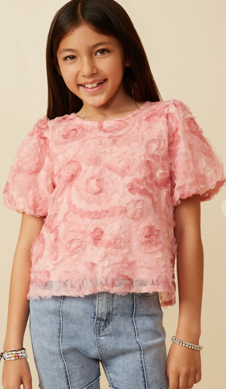 Floral Textured Puff Sleeve Organza Top