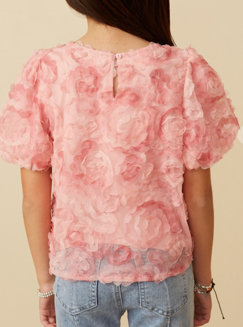 Floral Textured Puff Sleeve Organza Top