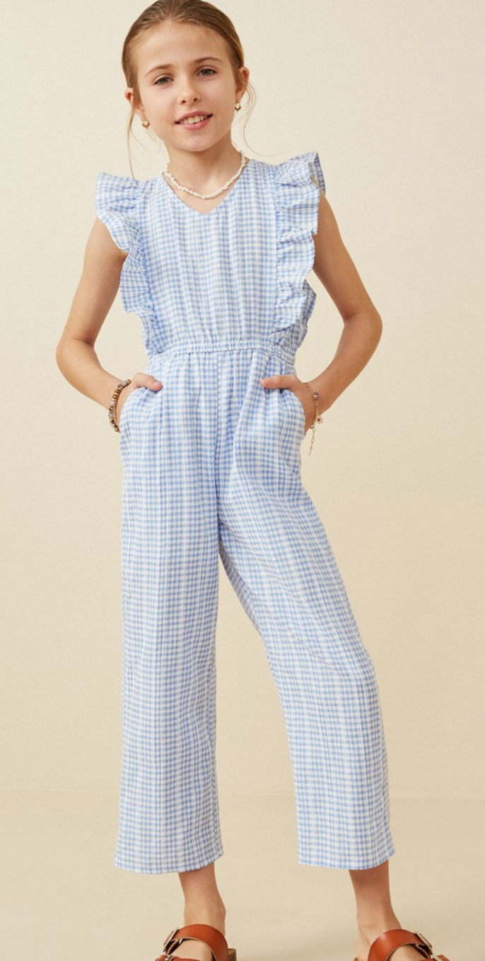 Checkered Embroidered Ruffle Sleeveless Jumpsuit