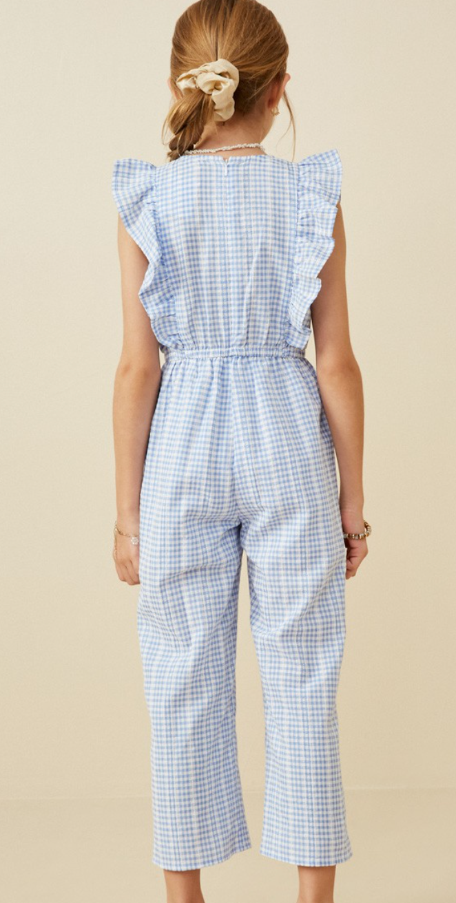 Checkered Embroidered Ruffle Sleeveless Jumpsuit