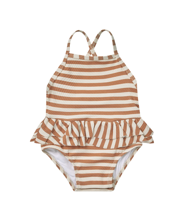 Ruffled One Piece Swimsuit - Clay Stripe