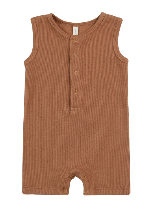 ribbed henley romper || clay