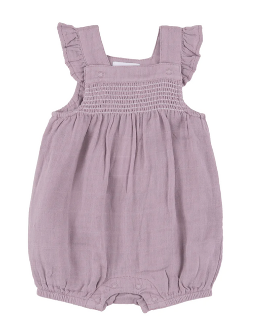 SMOCKED FRONT OVERALL SHORTIE - DUSTY LAVENDAR SOLID MUSLIN