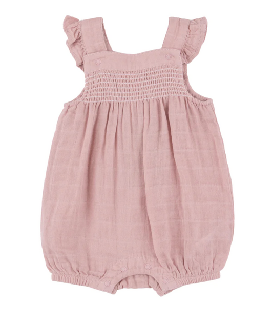 SMOCKED FRONT OVERALL SHORTIE - DUSTY PINK SOLID MUSLIN