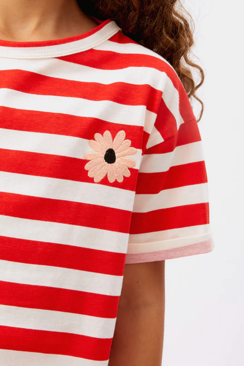 Red Stripe Tee with Embroidered Flower