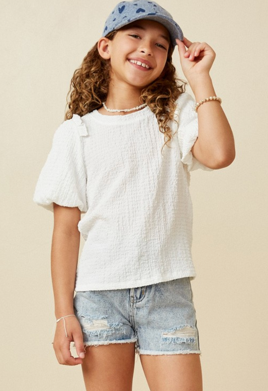 Girls Crinkled Puff Sleeve Knit Top