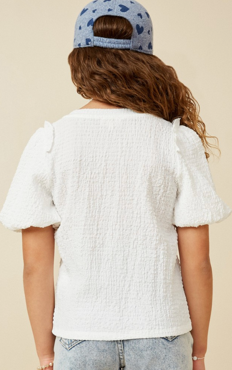 Girls Crinkled Puff Sleeve Knit Top