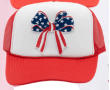 RED WHITE HAT WITH AMERICAN FLAG BOW