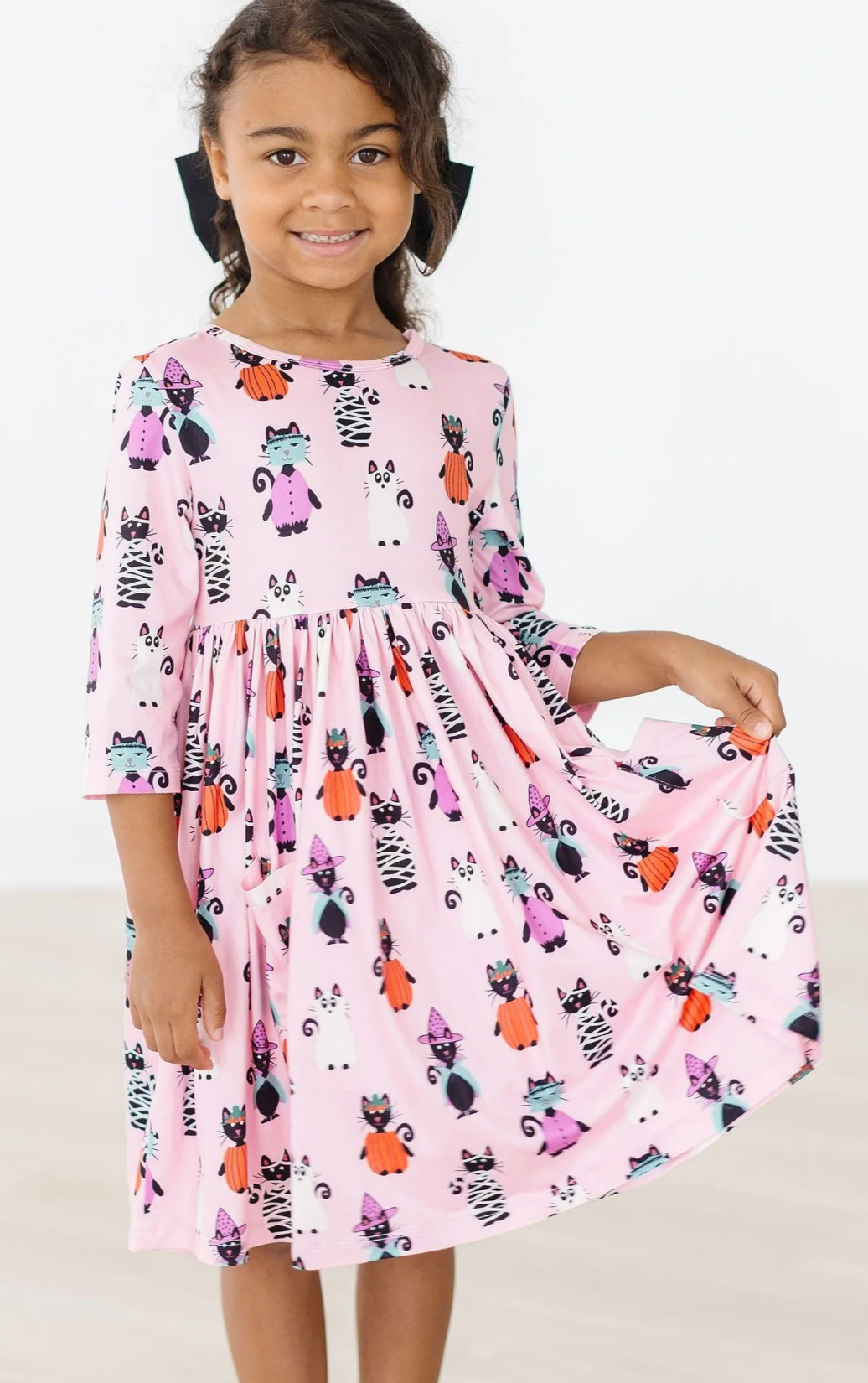 Purr-fectly Spooky 3/4 Sleeve Pocket Twirl Dress