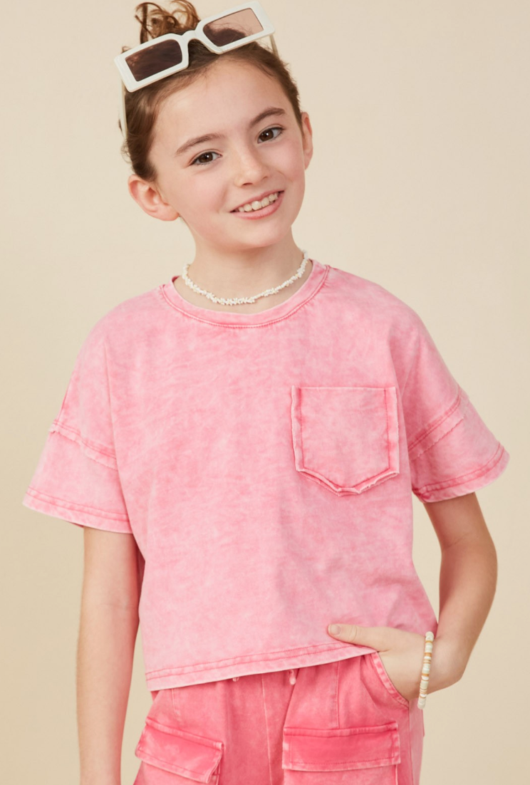 Girls Washed Raw Edge Detail Pocket T Shirt