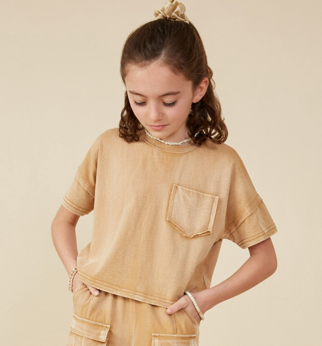 Girls Washed Raw Edge Detail Pocket T Shirt