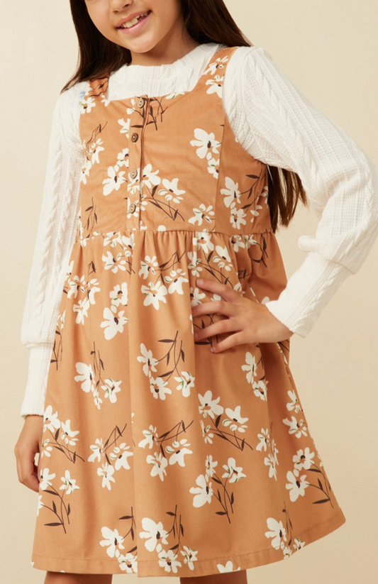 Girls Button Detail Floral Print Corduroy Dress