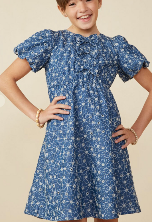 Girls Triple Bow Detail Eyelet Floral Dress