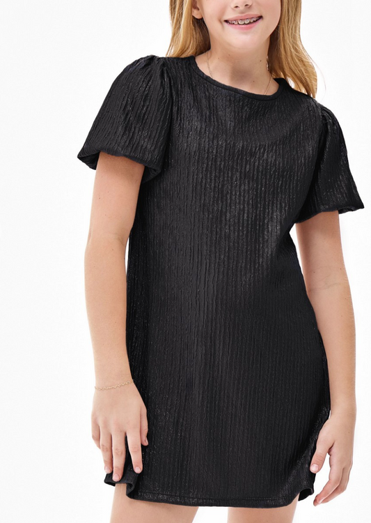 Black Glitter Jacquard Balloon Sleeve Dress