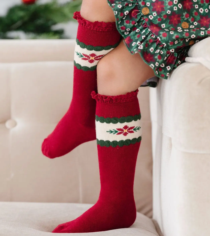 Poinsettia Lace Top Knee High Socks